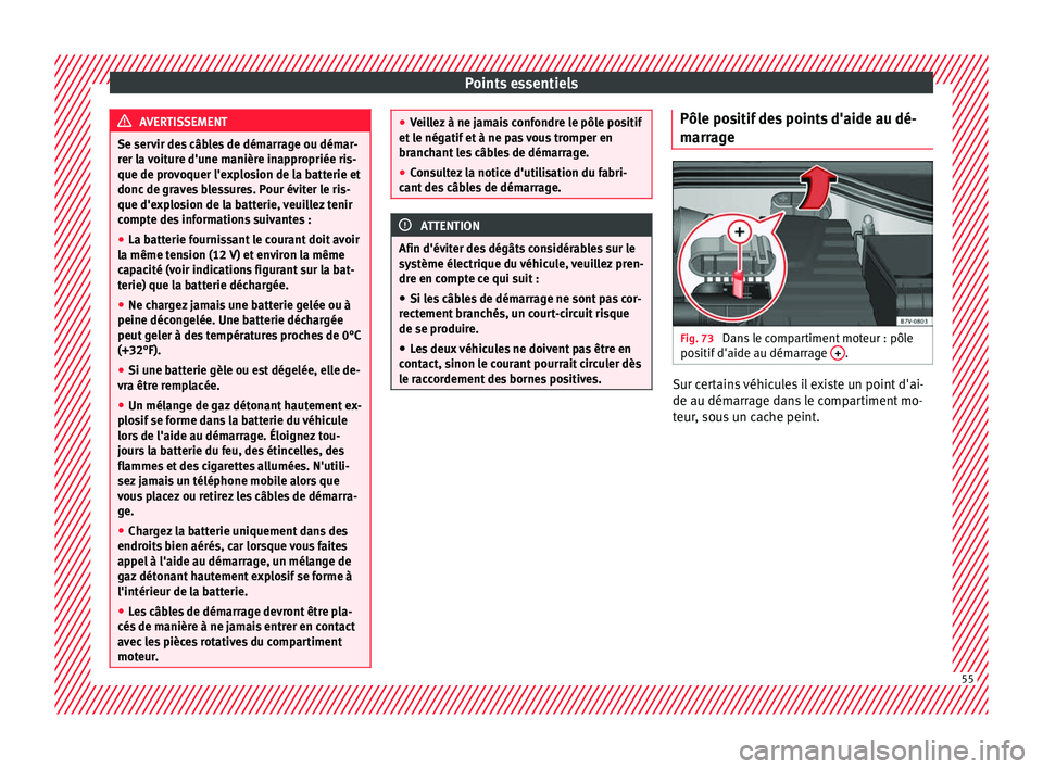 Seat Alhambra 2018  Manuel du propriétaire (in French)  Points essentiels
AVERTISSEMENT
Se servir des câbles de démarrage ou démar-
rer l a 
voiture d'une manière inappropriée ris-
que de provoquer l'explosion de la batterie et
donc de graves 