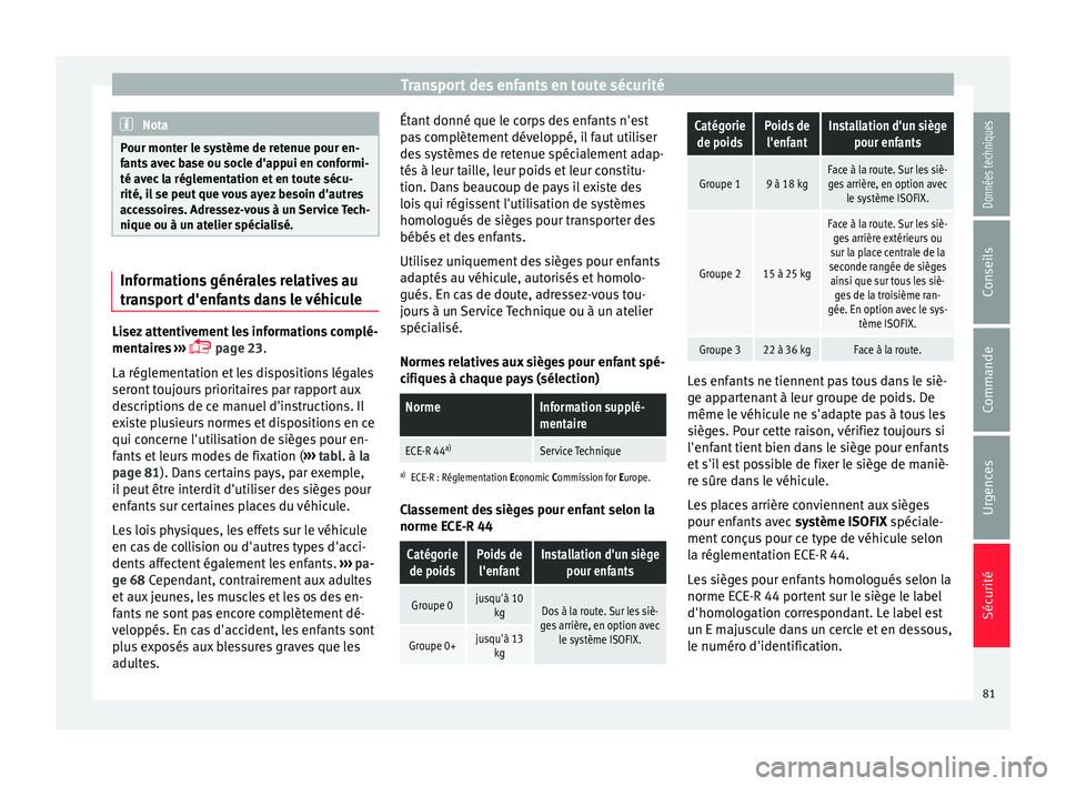 Seat Alhambra 2018  Manuel du propriétaire (in French)  Transport des enfants en toute sécurité
Nota
Pour monter le système de retenue pour en-
fant s
 avec base ou socle d'appui en conformi-
té avec la réglementation et en toute sécu-
rité, il 