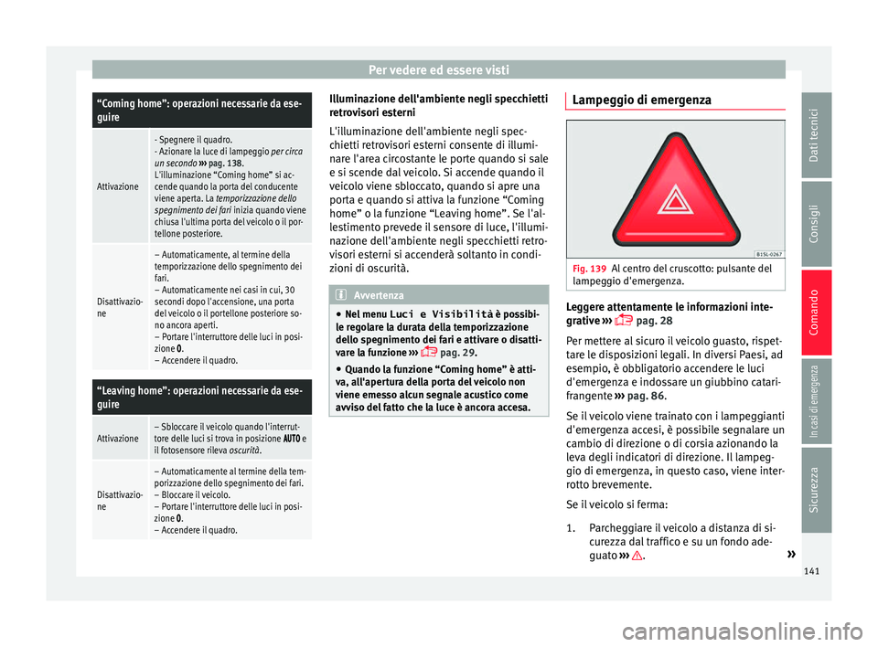 Seat Alhambra 2018  Manuale del proprietario (in Italian) Per vedere ed essere visti“Coming home”: operazioni necessarie da ese-
guire
Attivazione
- Spegnere il quadro.
- Azionare la luce di lampeggio per circa
un secondo
 ›››  pag. 138.
L'illu