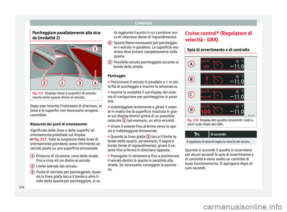 Seat Alhambra 2018  Manuale del proprietario (in Italian) Comando
Parcheggiare parallelamente alla stra-
d a (mod
a
lità 2) Fig. 217
Display: linee e superfici di orienta-
ment o del
lo s

pazio dietro al veicolo. Dopo aver inserito l'indicatore di dire