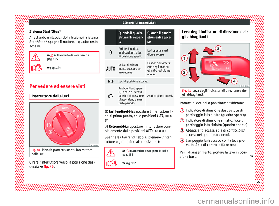 Seat Alhambra 2018  Manuale del proprietario (in Italian) Elementi essenziali
Sistema Start/Stop*
Arr e
s
tando e rilasciando la frizione il sistema
Start/Stop* spegne il motore. Il quadro resta
acceso.

›››  in Blocchetto di avviamento a
pag. 195
�