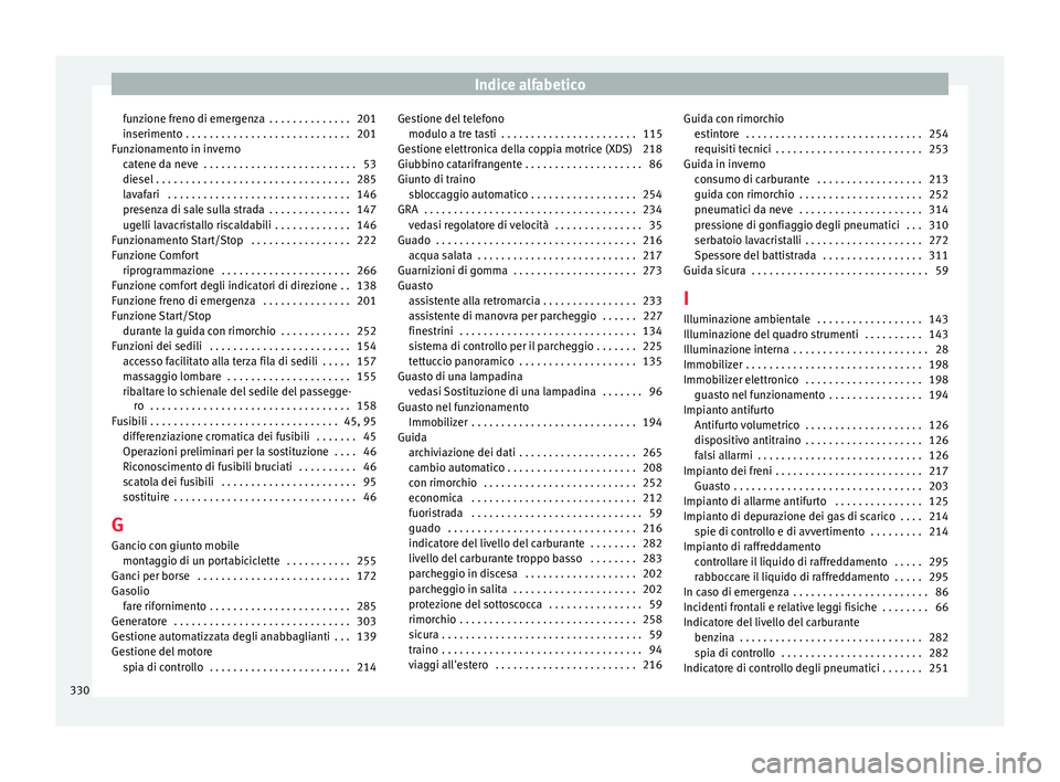 Seat Alhambra 2018 Manuale del proprietario (in Italian) Indice alfabetico
funzione freno di emergenza . . . . . . . . . . . . . . 201
in seriment
o
. . . . . . . . . . . . . . . . . . . . . . . . . . . . 201
Funzionamento in inverno catene da neve . . . Seat Alhambra 2018 Manuale del proprietario (in Italian) Indice alfabetico
funzione freno di emergenza . . . . . . . . . . . . . . 201
in seriment
o
. . . . . . . . . . . . . . . . . . . . . . . . . . . . 201
Funzionamento in inverno catene da neve . . .