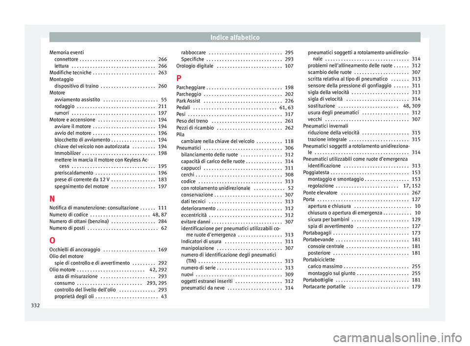 Seat Alhambra 2018 Manuale del proprietario (in Italian) Indice alfabetico
Memoria eventi connett
or
e . . . . . . . . . . . . . . . . . . . . . . . . . . . . . 266
lettura . . . . . . . . . . . . . . . . . . . . . . . . . . . . . . . . 266
Modifiche tecni Seat Alhambra 2018 Manuale del proprietario (in Italian) Indice alfabetico
Memoria eventi connett
or
e . . . . . . . . . . . . . . . . . . . . . . . . . . . . . 266
lettura . . . . . . . . . . . . . . . . . . . . . . . . . . . . . . . . 266
Modifiche tecni