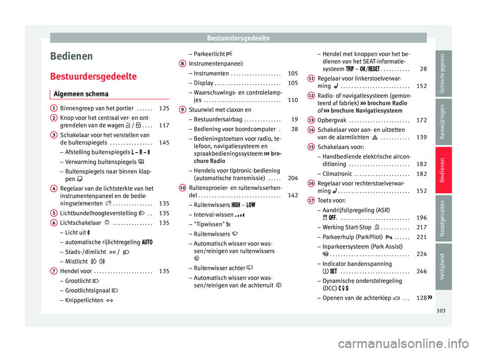 Seat Alhambra 2018 Handleiding (in Dutch) Bestuurdersgedeelte
Bedienen
B e
s
tuurdersgedeelte
Algemeen schema Binnengreep van het portier
. . . . . .125
Knop voor het centraal ver- en ont-
grendel en
van de wagen / . . . . 117
Sc Seat Alhambra 2018 Handleiding (in Dutch) Bestuurdersgedeelte
Bedienen
B e
s
tuurdersgedeelte
Algemeen schema Binnengreep van het portier
. . . . . .125
Knop voor het centraal ver- en ont-
grendel en
van de wagen / . . . . 117
Sc