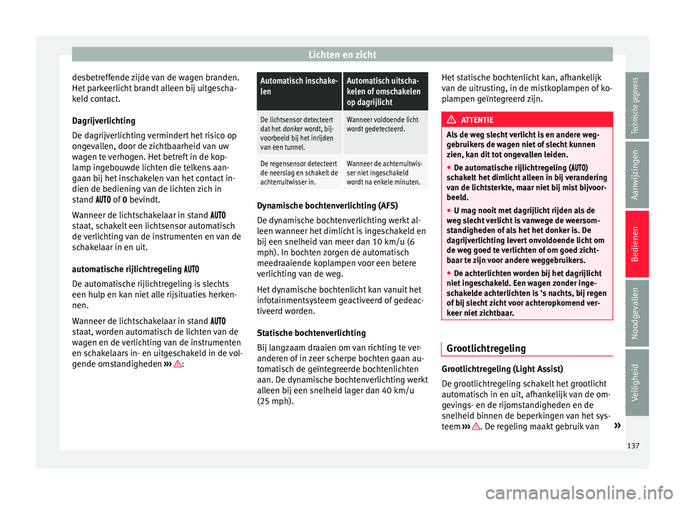 Seat Alhambra 2018  Handleiding (in Dutch) Lichten en zicht
desbetreffende zijde van de wagen branden.
Het  p
ark
eerlicht brandt alleen bij uitgescha-
keld contact.
Dagrijverlichting
De dagrijverlichting vermindert het risico op
ongevallen, d