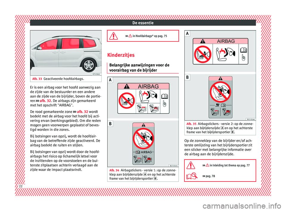 Seat Alhambra 2018  Handleiding (in Dutch) De essentie
Afb. 33
Geactiveerde hoofdairbags. Er is een airbag voor het hoofd aanwezig aan
de 
z
ijde 
van de bestuurder en een andere
aan de zijde van de bijrijder, boven de portie-
ren  ››› a