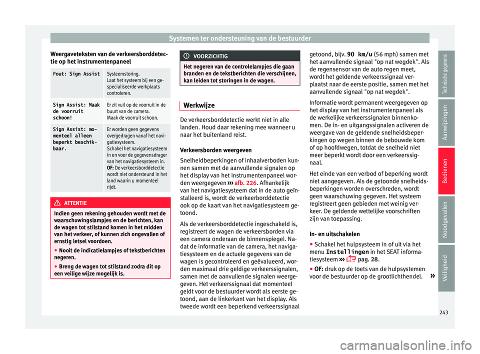 Seat Alhambra 2018  Handleiding (in Dutch) Systemen ter ondersteuning van de bestuurder
Weergaveteksten van de verkeersborddetec-
tie op het  in
s
trumentenpaneel
Fout: Sign AssistSysteemstoring.
Laat het systeem bij een ge-
specialiseerde wer