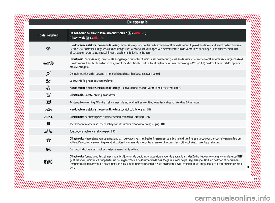Seat Alhambra 2018  Handleiding (in Dutch) De essentieToets, regelingHandbediende elektrische airconditioning  
›››  afb. 51;
Climatronic   ›››  afb. 51. 
Handbediende elektrische airconditioning: ontwasemingsfunctie. De l