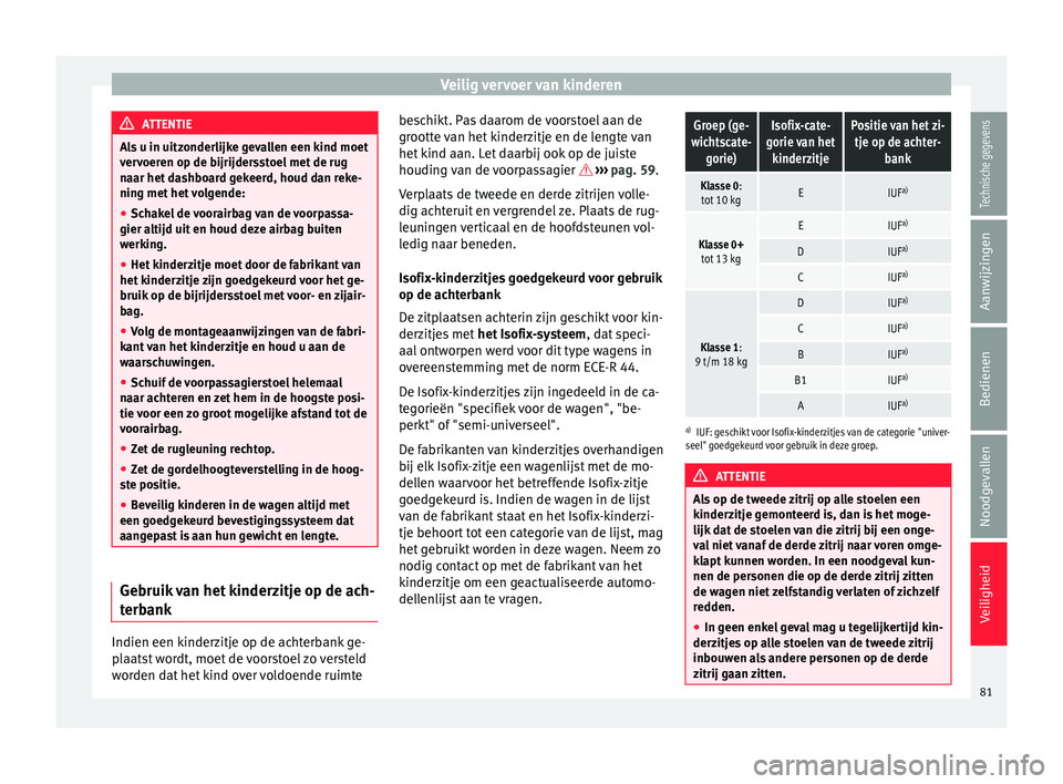 Seat Alhambra 2018 Handleiding (in Dutch) Veilig vervoer van kinderen
ATTENTIE
Als u in uitzonderlijke gevallen een kind moet
ver v
oeren op de bijrijdersstoel met de rug
naar het dashboard gekeerd, houd dan reke-
ning met het volgende:
● S Seat Alhambra 2018 Handleiding (in Dutch) Veilig vervoer van kinderen
ATTENTIE
Als u in uitzonderlijke gevallen een kind moet
ver v
oeren op de bijrijdersstoel met de rug
naar het dashboard gekeerd, houd dan reke-
ning met het volgende:
● S