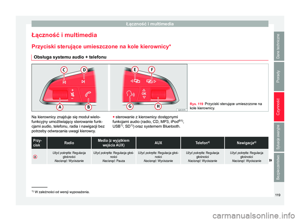 Seat Alhambra 2018  Instrukcja Obsługi (in Polish) Łączność i multimedia
Łączność i multimedia
Przyciski sterujące umieszczone na kole kierownicy* Obsługa systemu audio + telefonu Rys. 119
Przyciski sterujące umieszczone na
kole kierownicy.