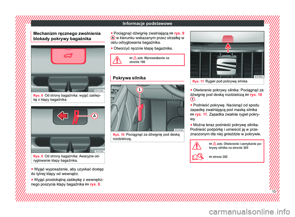 Seat Alhambra 2018  Instrukcja Obsługi (in Polish) Informacje podstawowe
Mechanizm ręcznego zwolnienia
blokady pokrywy bagażnika Rys. 8
Od strony bagażnika: wyjąć zaślep-
kę z klapy bagażnika. Rys. 9
Od strony bagażnika: Awaryjne od-
ryglowan