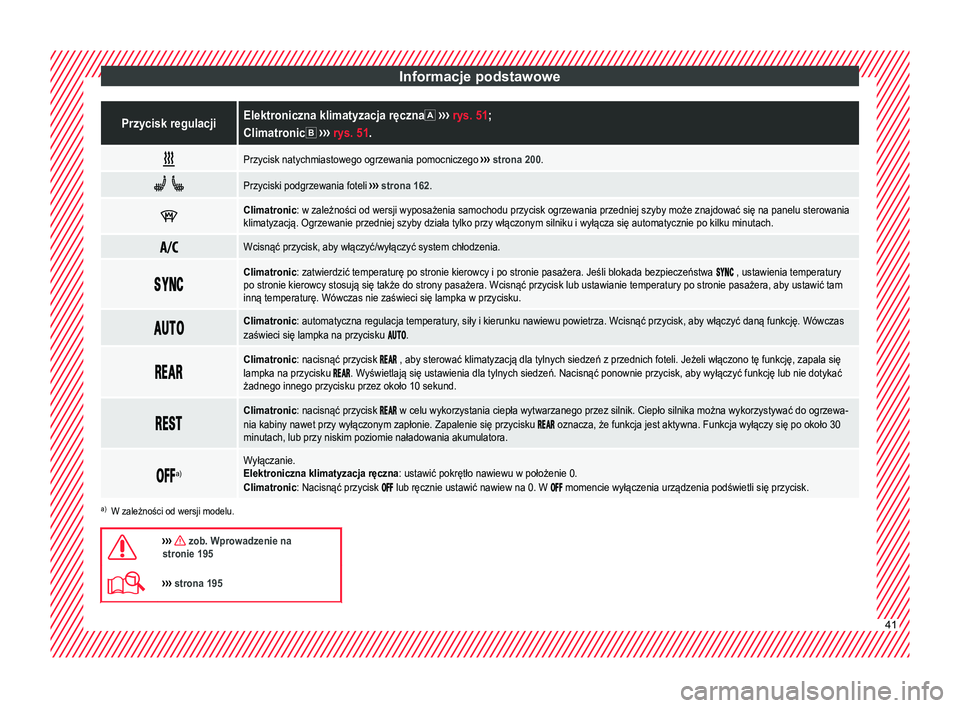Seat Alhambra 2018  Instrukcja Obsługi (in Polish) Informacje podstawowePrzycisk regulacjiElektroniczna klimatyzacja ręczna 
›››  rys. 51 ;
Climatronic  ›››  rys. 51. 
Przycisk natychmiastowego ogrzewania pomocniczego 
››› 