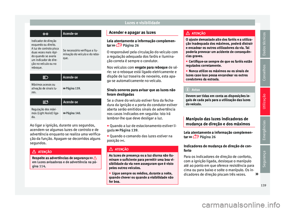 Seat Alhambra 2018 Manual do proprietário (in Portuguese) Luzes e visibilidade
Acende-se
Indicador de direção
esquerdo ou direito.
A luz de controlo pisca
duas vezes mais rápi-
do quando se avaria
um indicador de dire-
ção no veículo ou no
reboque.
Seat Alhambra 2018 Manual do proprietário (in Portuguese) Luzes e visibilidade
Acende-se
Indicador de direção
esquerdo ou direito.
A luz de controlo pisca
duas vezes mais rápi-
do quando se avaria
um indicador de dire-
ção no veículo ou no
reboque.