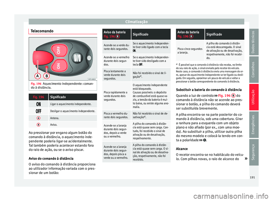 Seat Alhambra 2018  Manual do proprietário (in Portuguese)  Climatização
Telecomando Fig. 196
Aquecimento independente: coman-
do à di s
tânc
ia.
Fig. 196Significado 
Ligar o aquecimento independente.

Desligar o aquecimento independente.
AA