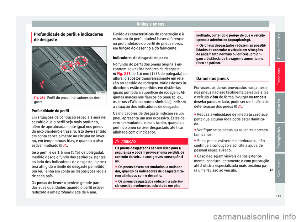 Seat Alhambra 2018 Manual do proprietário (in Portuguese) Rodas e pneus
Profundidade do perfil e indicadores
de de sg
a
ste Fig. 253
Perfil do pneu: indicadores de des-
g a
s
te. Profundidade do perfil
Em s
it
uaçõe
s de condução especiais será ne-
ce Seat Alhambra 2018 Manual do proprietário (in Portuguese) Rodas e pneus
Profundidade do perfil e indicadores
de de sg
a
ste Fig. 253
Perfil do pneu: indicadores de des-
g a
s
te. Profundidade do perfil
Em s
it
uaçõe
s de condução especiais será ne-
ce