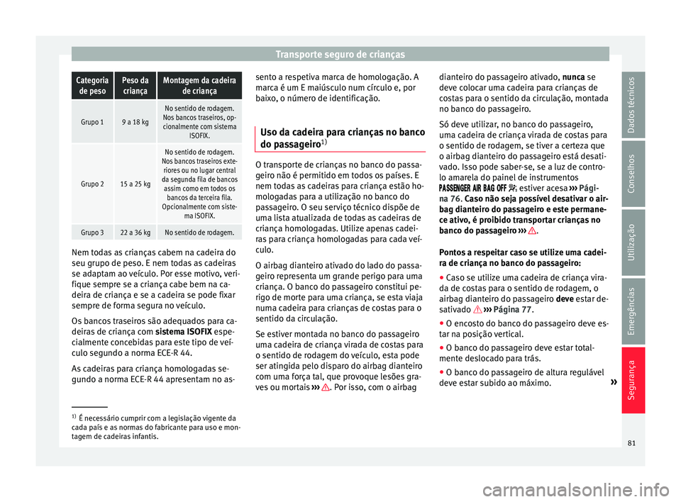 Seat Alhambra 2018 Manual do proprietário (in Portuguese) Transporte seguro de criançasCategoria
de pesoPeso dacriançaMontagem da cadeira de criança
Grupo 19 a 18 kg
No sentido de rodagem.
Nos bancos traseiros, op-
cionalmente com sistema ISOFIX.
Grupo 21 Seat Alhambra 2018 Manual do proprietário (in Portuguese) Transporte seguro de criançasCategoria
de pesoPeso dacriançaMontagem da cadeira de criança
Grupo 19 a 18 kg
No sentido de rodagem.
Nos bancos traseiros, op-
cionalmente com sistema ISOFIX.
Grupo 21