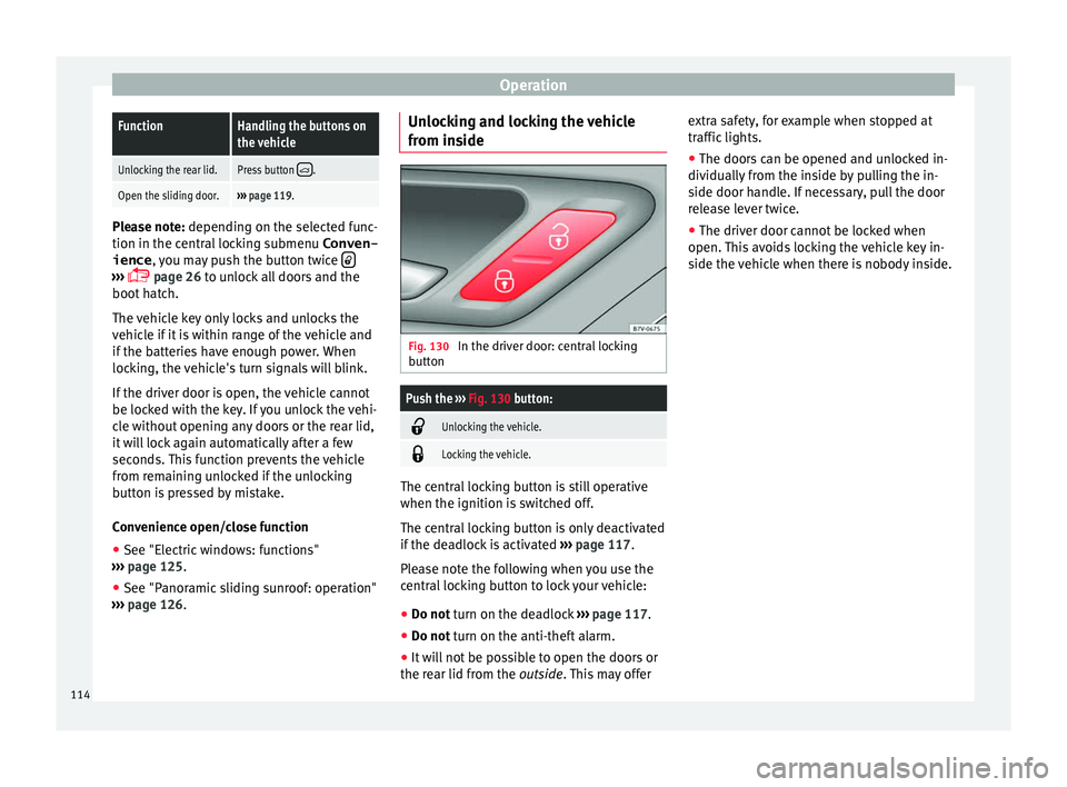 Seat Alhambra 2017 Owners Manual OperationFunctionHandling the buttons on
the vehicle
Unlocking the rear lid.Press button .
Open the sliding door.›››
page 119. Please note: depending on the sel
ect
ed func-
tion in the cen Seat Alhambra 2017 Owners Manual OperationFunctionHandling the buttons on
the vehicle
Unlocking the rear lid.Press button .
Open the sliding door.›››
page 119. Please note: depending on the sel
ect
ed func-
tion in the cen