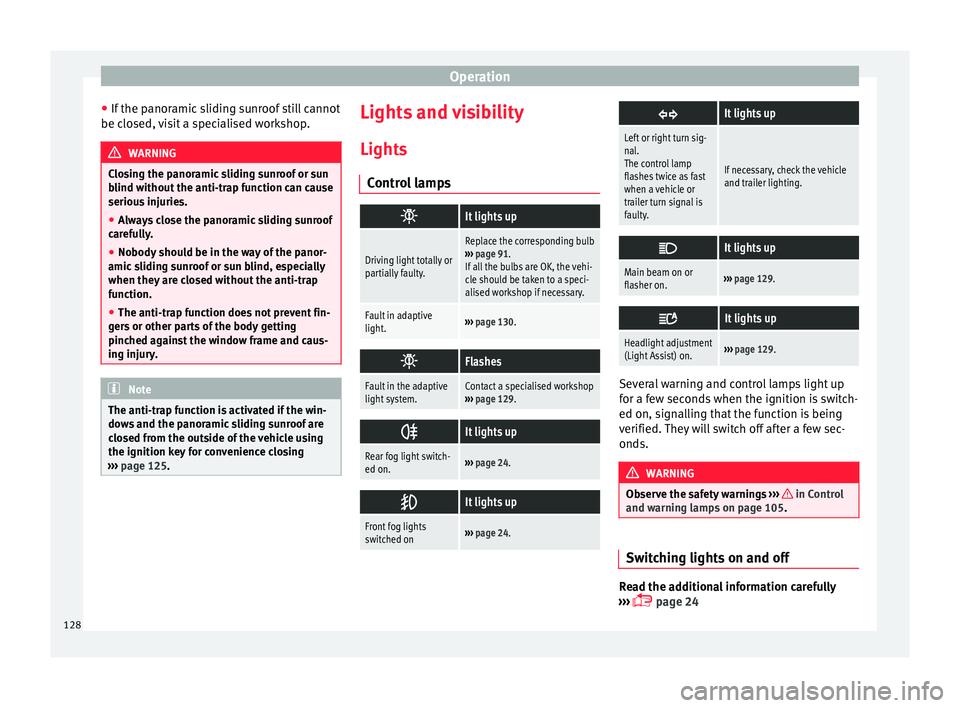 Seat Alhambra 2017 Owners Manual Operation
● If the p
anor
amic sliding sunroof still cannot
be closed, visit a specialised workshop. WARNING
Closing the panoramic sliding sunroof or sun
blind w ithout
the anti-trap function can Seat Alhambra 2017 Owners Manual Operation
● If the p
anor
amic sliding sunroof still cannot
be closed, visit a specialised workshop. WARNING
Closing the panoramic sliding sunroof or sun
blind w ithout
the anti-trap function can
