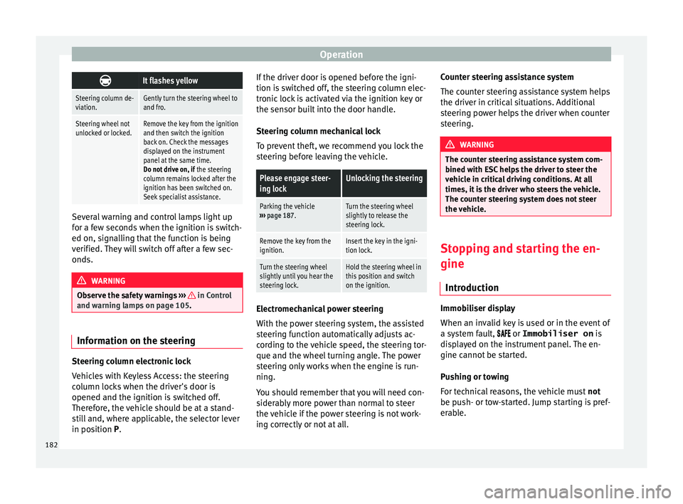 Seat Alhambra 2017 Owners Manual Operation
It flashes yellow
Steering column de-
viation.Gently turn the steering wheel to
and fro.
Steering wheel not
unlocked or locked.Remove the key from the ignition
and then switch the ignitio Seat Alhambra 2017 Owners Manual Operation
It flashes yellow
Steering column de-
viation.Gently turn the steering wheel to
and fro.
Steering wheel not
unlocked or locked.Remove the key from the ignition
and then switch the ignitio