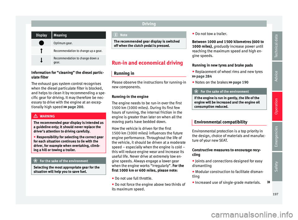 Seat Alhambra 2017 Owners Manual DrivingDisplayMeaning
Optimum gear.
Recommendation to change up a gear.
Recommendation to change down a
gear.
Information for “cleaning” the diesel partic-
ul
at
e filter
The exhaust Seat Alhambra 2017 Owners Manual DrivingDisplayMeaning
Optimum gear.
Recommendation to change up a gear.
Recommendation to change down a
gear.
Information for “cleaning” the diesel partic-
ul
at
e filter
The exhaust