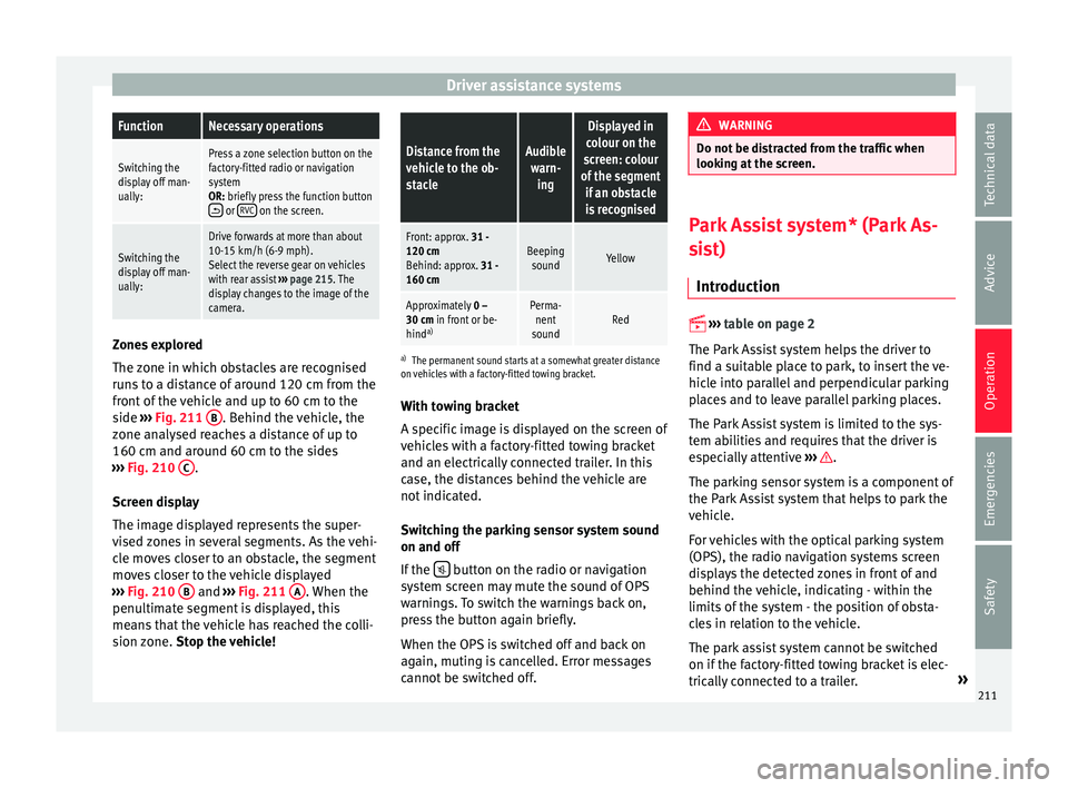 Seat Alhambra 2017 Owners Manual Driver assistance systemsFunctionNecessary operations
Switching the
display off man-
ually:Press a zone selection button on the
factory-fitted radio or navigation
system
OR: briefly press the function Seat Alhambra 2017 Owners Manual Driver assistance systemsFunctionNecessary operations
Switching the
display off man-
ually:Press a zone selection button on the
factory-fitted radio or navigation
system
OR: briefly press the function