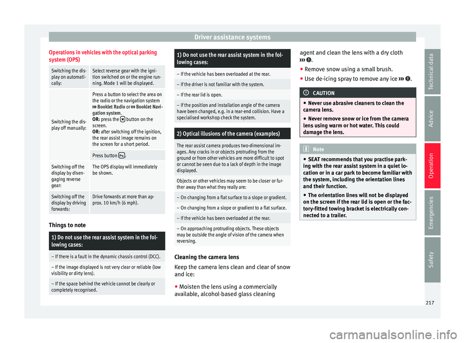 Seat Alhambra 2017 Owners Manual Driver assistance systemsOperations in vehicles with the optical parking
system (OPS)
Switching the dis-
play on automati-
cally:Select reverse gear with the igni-
tion switched on or the engine run-
Seat Alhambra 2017 Owners Manual Driver assistance systemsOperations in vehicles with the optical parking
system (OPS)
Switching the dis-
play on automati-
cally:Select reverse gear with the igni-
tion switched on or the engine run-