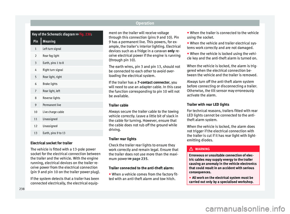 Seat Alhambra 2017  Owners Manual OperationKey of the Schematic diagram 
››› Fig. 230:
PinMeaning
1Left turn signal
2Rear fog light
3Earth, pins 1 to 8
4Right turn signal
5Rear light, right
6Brake lights
7Rear light, left
8Rever