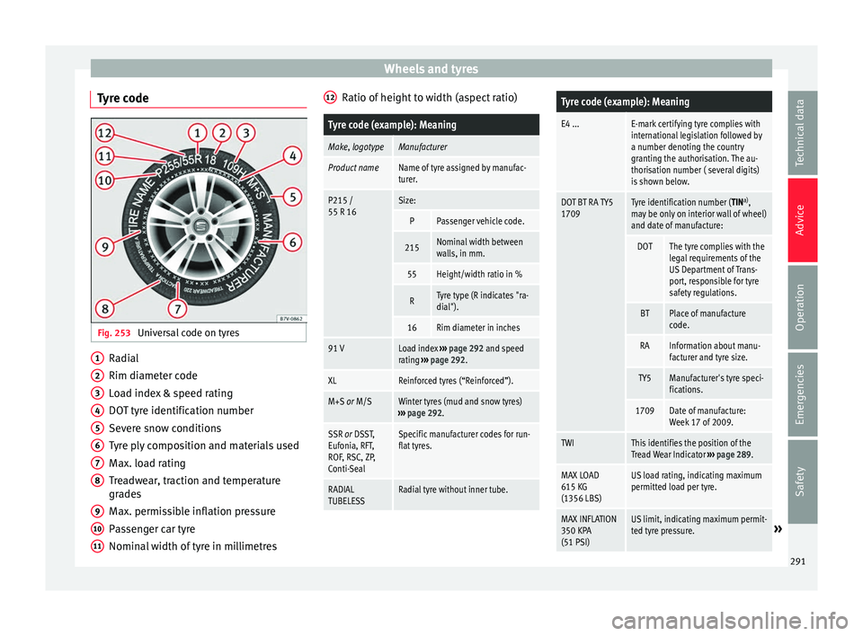 Seat Alhambra 2017 Owners Manual Wheels and tyres
Tyre code Fig. 253
Universal code on tyres Radial
Rim di
amet
er c
ode
Load index & speed rating
DOT tyre identification number
Severe snow conditions
Tyre ply composition and materi Seat Alhambra 2017 Owners Manual Wheels and tyres
Tyre code Fig. 253
Universal code on tyres Radial
Rim di
amet
er c
ode
Load index & speed rating
DOT tyre identification number
Severe snow conditions
Tyre ply composition and materi