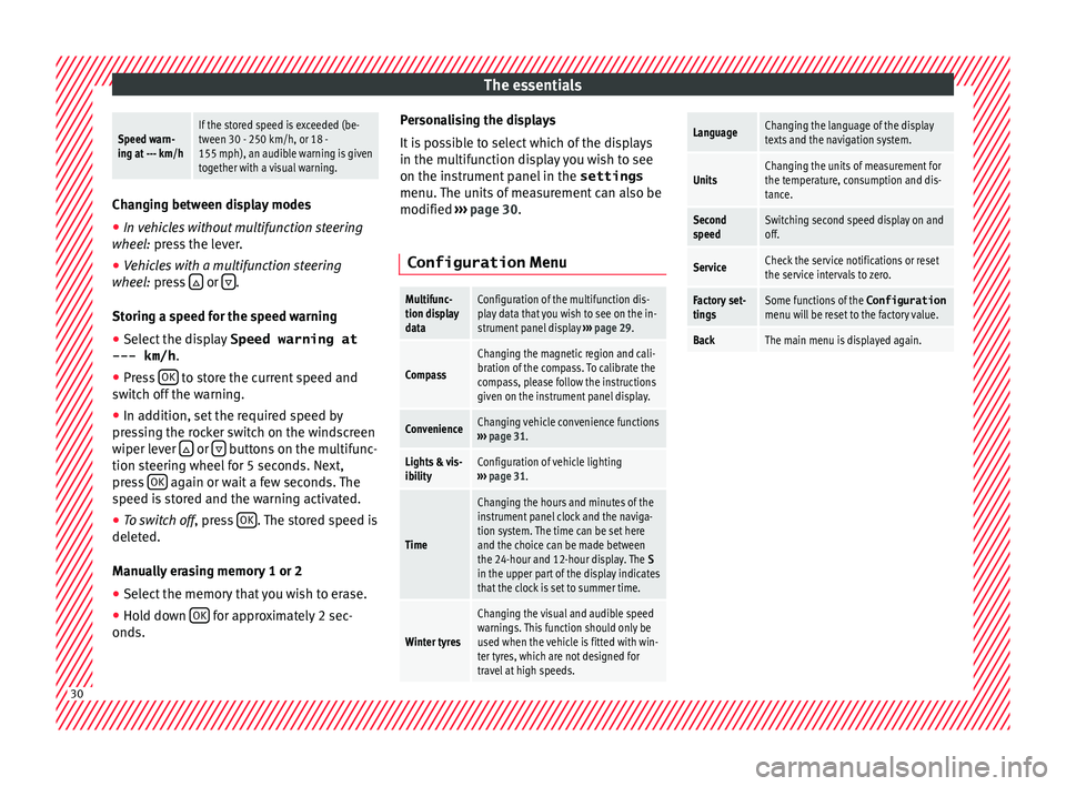 Seat Alhambra 2017 Owners Manual The essentialsSpeed warn-
ing at --- km/hIf the stored speed is exceeded (be-
tween 30 - 250 km/h, or 18 -
155 mph), an audible warning is given
together with a visual warning.
Changing between displa Seat Alhambra 2017 Owners Manual The essentialsSpeed warn-
ing at --- km/hIf the stored speed is exceeded (be-
tween 30 - 250 km/h, or 18 -
155 mph), an audible warning is given
together with a visual warning.
Changing between displa