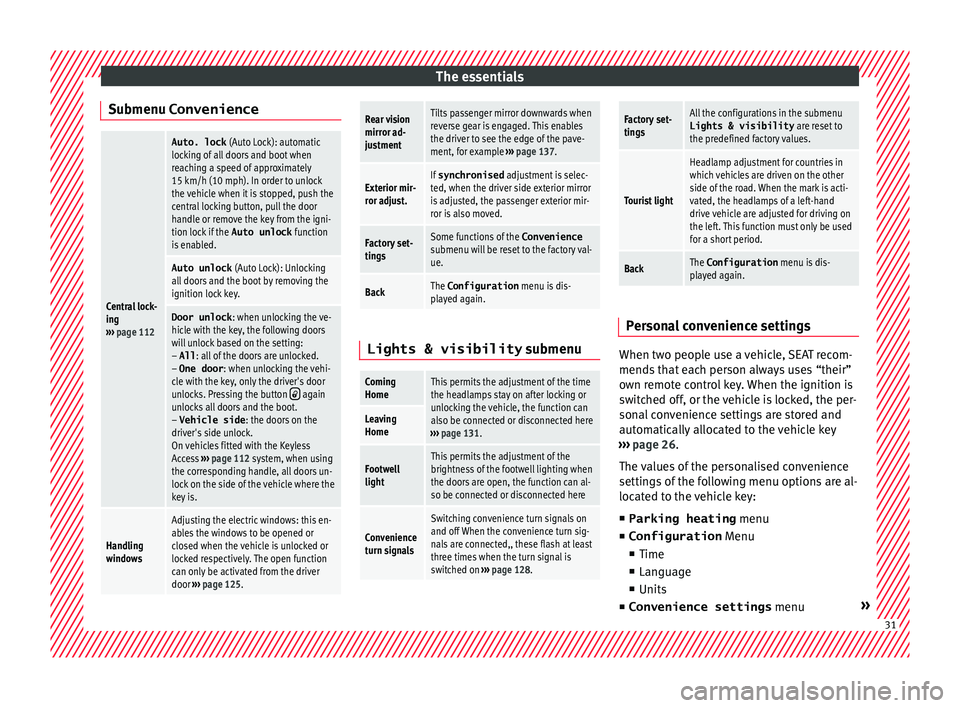 Seat Alhambra 2017 Owners Manual The essentials
Submenu ConvenienceCentral lock-
ing
››› page 112
Auto. lock (Auto Lock): automatic
locking of all doors and boot when
reaching a speed of approximately
15 km/h (10 mph). In ord Seat Alhambra 2017 Owners Manual The essentials
Submenu ConvenienceCentral lock-
ing
››› page 112
Auto. lock (Auto Lock): automatic
locking of all doors and boot when
reaching a speed of approximately
15 km/h (10 mph). In ord