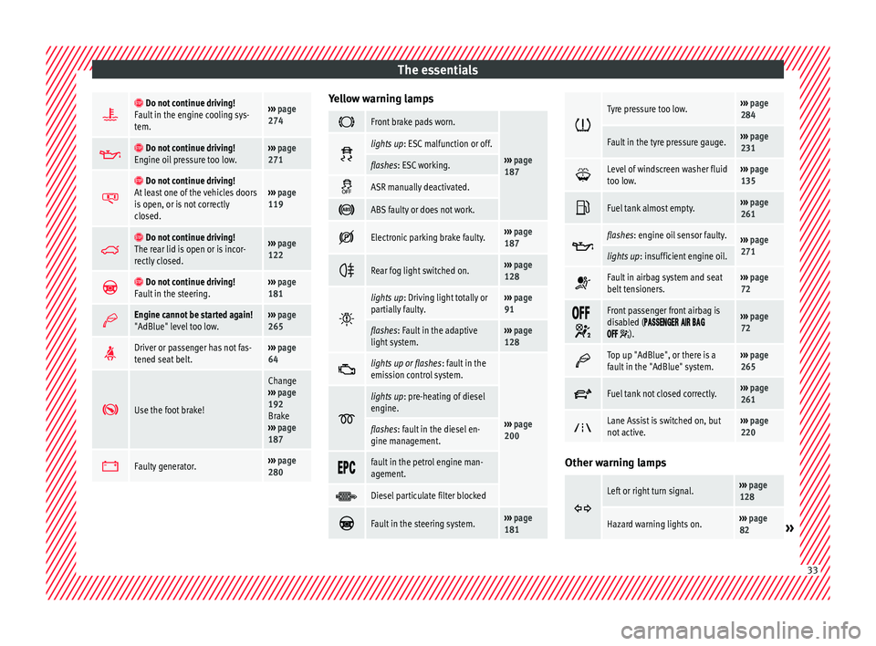 Seat Alhambra 2017  Owners Manual The essentials
  Do not continue driving!
Fault in the engine cooling sys-
tem.›››  page 
274  
 Do not continue driving!
Engine oil pressure too low.›››  page 
271  
 Do