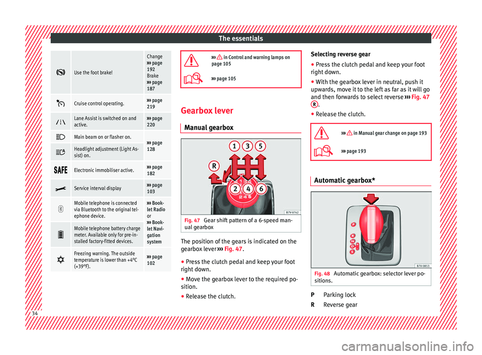 Seat Alhambra 2017 Owners Manual The essentials
Use the foot brake!
Change
››› page
192
Brake
››› page
187
Cruise control operating.›››
page
219
Lane Assist is switched on and
active.›››
page Seat Alhambra 2017 Owners Manual The essentials
Use the foot brake!
Change
››› page
192
Brake
››› page
187
Cruise control operating.›››
page
219
Lane Assist is switched on and
active.›››
page