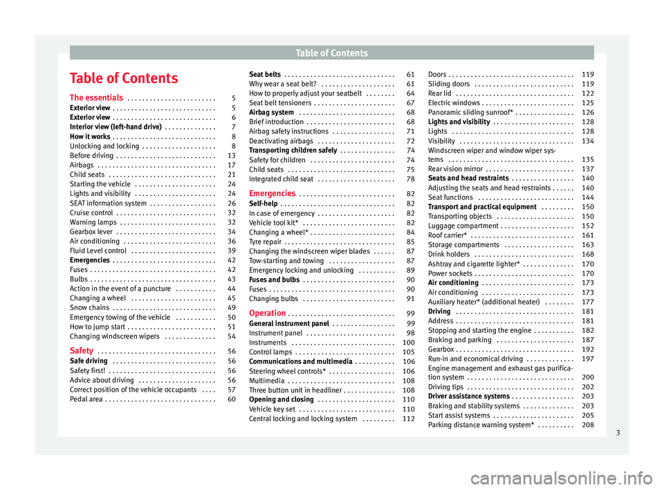 Seat Alhambra 2017  Owners Manual Table of Contents
Table of Contents
The e s
senti
als . . . . . . . . . . . . . . . . . . . . . . . . 5
Exterior view  . . . . . . . . . . . . . . . . . . . . . . . . . . . . 5
Exterior view  . . . . 