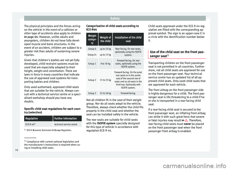 Seat Alhambra 2017 Manual PDF Safety
The physical principles and the forces acting
on the v
ehic
le in the event of a collision or
other type of accidents also apply to children
››› page 64. However, unlike adults and
youn Seat Alhambra 2017 Manual PDF Safety
The physical principles and the forces acting
on the v
ehic
le in the event of a collision or
other type of accidents also apply to children
››› page 64. However, unlike adults and
youn