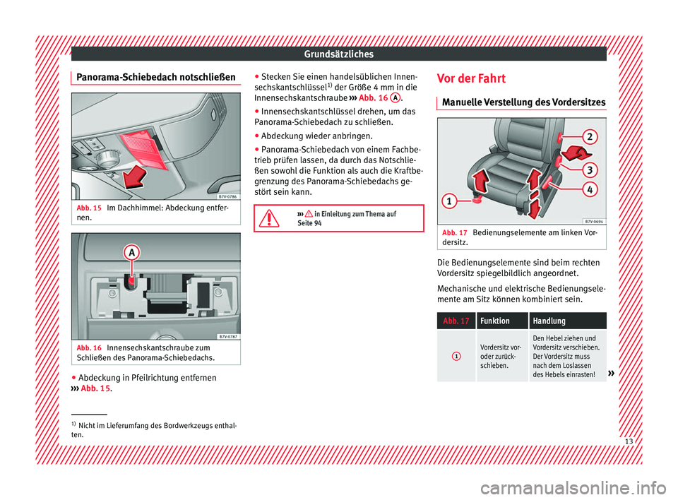 Seat Alhambra 2017  Betriebsanleitung (in German) Grundsätzliches
Panorama-Schiebedach notschließen Abb. 15 
Im Dachhimmel: Abdeckung entfer-
nen. Abb. 16 
Innensechskantschraube zum
Sc h
ließen de
s Panorama-Schiebedachs. ●
Abdeckung in Pfeilri