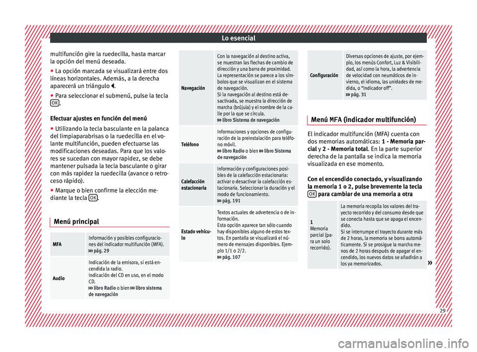 Seat Alhambra 2017  Manual del propietario (in Spanish) Lo esencial
multifunción gire la ruedecilla, hasta marcar
l a opc
ión del
 menú deseada.
● La opción marcada se visualizará entre dos
líneas
  horizontales. Además, a la derecha
aparecerá un