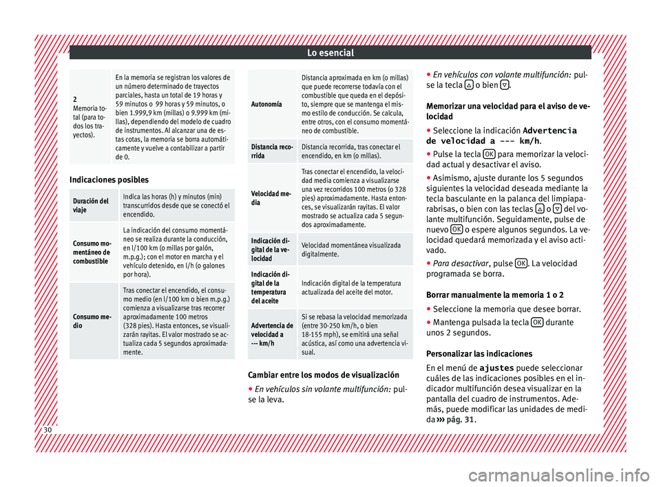 Seat Alhambra 2017  Manual del propietario (in Spanish) Lo esencial2
Memoria to-
tal (para to-
dos los tra-
yectos).
En la memoria se registran los valores de
un número determinado de trayectos
parciales, hasta un total de 19 horas y
59 minutos o  99 hora