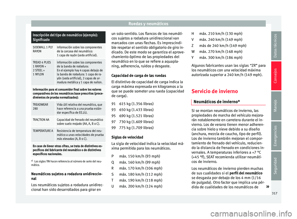 Seat Alhambra 2017  Manual del propietario (in Spanish) Ruedas y neumáticosInscripción del tipo de neumático (ejemplo):
Significado
SIDEWALL 1 PLY
RAYONInformación sobre los componentes
de la carcasa del neumático:
1 capa de rayón (seda artificial).
