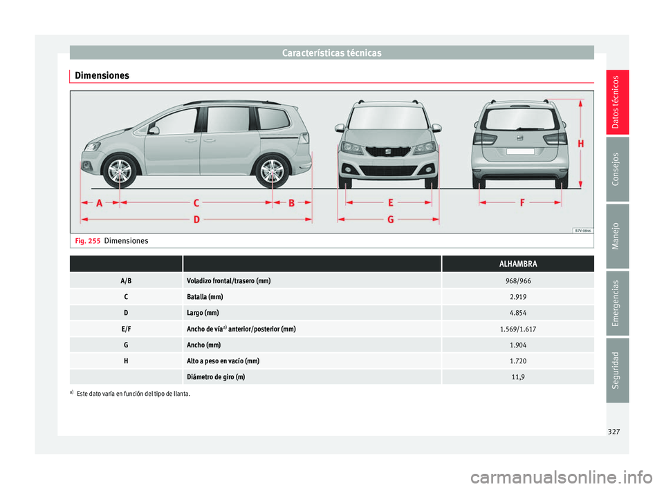 Seat Alhambra 2017 Manual del propietario (in Spanish) Características técnicas
Dimensiones Fig. 255
Dimensiones ALHAMBRA
A/BVoladizo frontal/trasero (mm)968/966
CBatalla (mm)2.919
DLargo (mm)4.854
E/FAncho de vía a)
anterior/posterior (mm)1.569/1.61 Seat Alhambra 2017 Manual del propietario (in Spanish) Características técnicas
Dimensiones Fig. 255
Dimensiones ALHAMBRA
A/BVoladizo frontal/trasero (mm)968/966
CBatalla (mm)2.919
DLargo (mm)4.854
E/FAncho de vía a)
anterior/posterior (mm)1.569/1.61