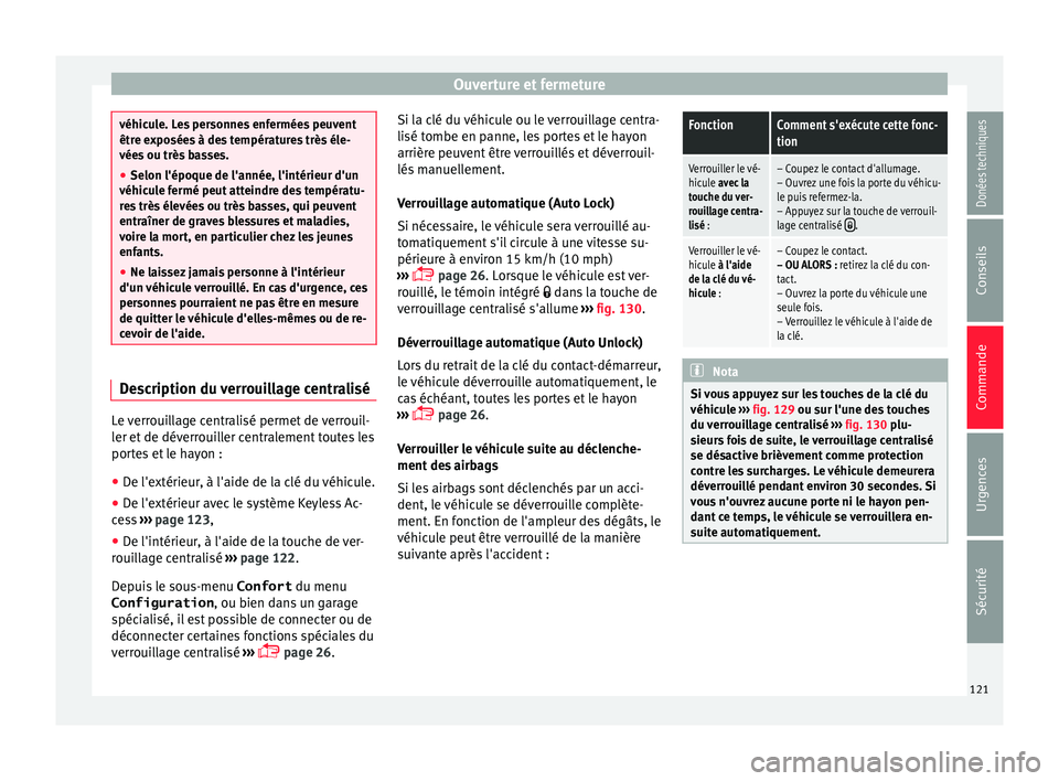 Seat Alhambra 2017 Manuel du propriétaire (in French) Ouverture et fermeture
véhicule. Les personnes enfermées peuvent
être e
xpo
sées à des températures très éle-
vées ou très basses.
● Selon l'époque de l'année, l'intérieur d Seat Alhambra 2017 Manuel du propriétaire (in French) Ouverture et fermeture
véhicule. Les personnes enfermées peuvent
être e
xpo
sées à des températures très éle-
vées ou très basses.
● Selon l'époque de l'année, l'intérieur d
