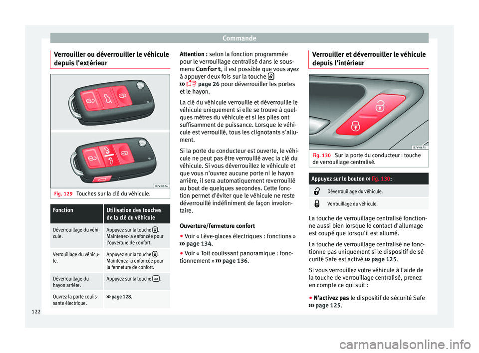 Seat Alhambra 2017 Manuel du propriétaire (in French) Commande
Verrouiller ou déverrouiller le véhicule
dep ui
s
l'extérieur Fig. 129
Touches sur la clé du véhicule.
FonctionUtilisation des touches
de la clé du véhicule
Déverrouillage du v Seat Alhambra 2017 Manuel du propriétaire (in French) Commande
Verrouiller ou déverrouiller le véhicule
dep ui
s
l'extérieur Fig. 129
Touches sur la clé du véhicule.
FonctionUtilisation des touches
de la clé du véhicule
Déverrouillage du v