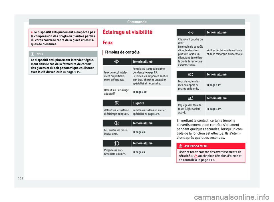 Seat Alhambra 2017 Manuel du propriétaire (in French) Commande
●
Le di s
positif anti-pincement n'empêche pas
la compression des doigts ou d'autres parties
du corps contre le cadre de la glace et les ris-
ques de blessures. Nota
Le dispositif Seat Alhambra 2017 Manuel du propriétaire (in French) Commande
●
Le di s
positif anti-pincement n'empêche pas
la compression des doigts ou d'autres parties
du corps contre le cadre de la glace et les ris-
ques de blessures. Nota
Le dispositif
