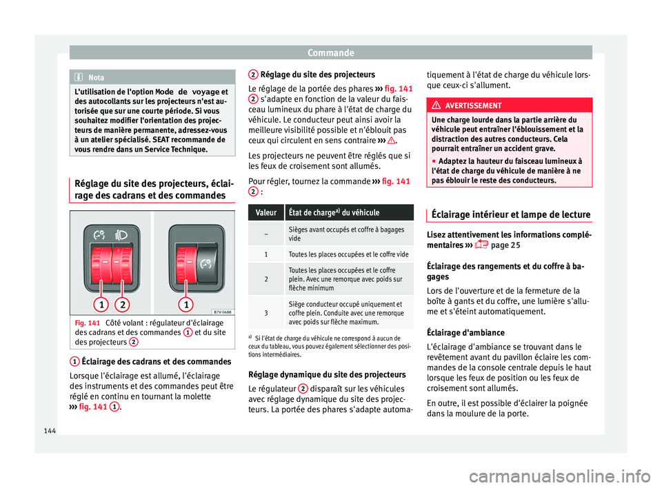 Seat Alhambra 2017 Manuel du propriétaire (in French) Commande
Nota
L'utilisation de l'option Mode de voyage et
des aut
ocollants sur les projecteurs n'est au-
torisée que sur une courte période. Si vous
souhaitez modifier l'orientati Seat Alhambra 2017 Manuel du propriétaire (in French) Commande
Nota
L'utilisation de l'option Mode de voyage et
des aut
ocollants sur les projecteurs n'est au-
torisée que sur une courte période. Si vous
souhaitez modifier l'orientati