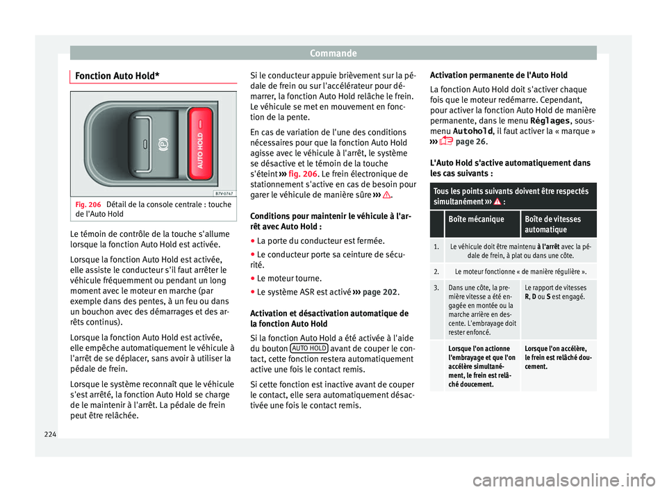 Seat Alhambra 2017 Manuel du propriétaire (in French) Commande
Fonction Auto Hold* Fig. 206
Détail de la console centrale : touche
de l'Aut o Ho
l
d Le témoin de contrôle de la touche s'allume
lor
s
que l
a fonction Auto Hold est activée.
L Seat Alhambra 2017 Manuel du propriétaire (in French) Commande
Fonction Auto Hold* Fig. 206
Détail de la console centrale : touche
de l'Aut o Ho
l
d Le témoin de contrôle de la touche s'allume
lor
s
que l
a fonction Auto Hold est activée.
L