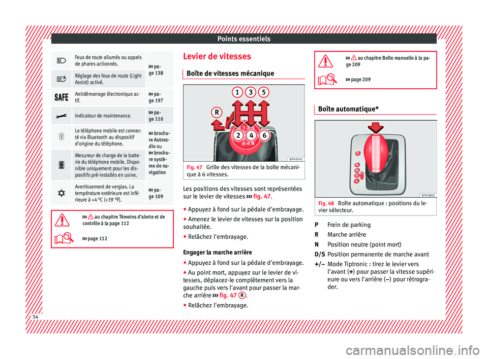 Seat Alhambra 2017 Manuel du propriétaire (in French) Points essentiels
Feux de route allumés ou appels
de phares actionnés.
›››
pa-
ge 138
Réglage des feux de route (Light
Assist) activé.
Antidémarrage électronique ac-
t Seat Alhambra 2017 Manuel du propriétaire (in French) Points essentiels
Feux de route allumés ou appels
de phares actionnés.
›››
pa-
ge 138
Réglage des feux de route (Light
Assist) activé.
Antidémarrage électronique ac-
t