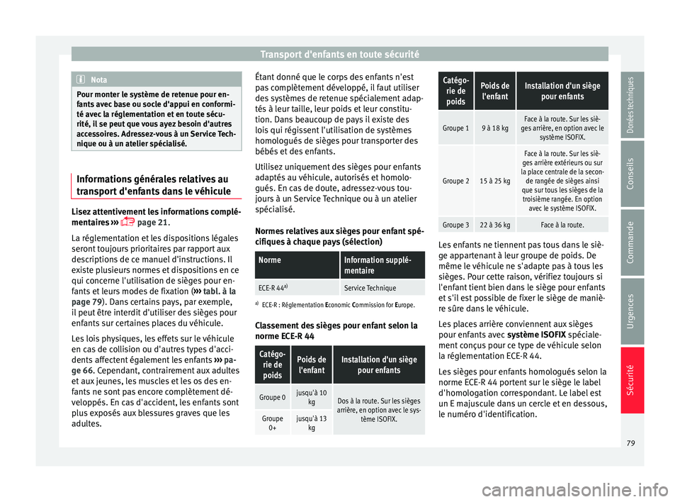 Seat Alhambra 2017 Manuel du propriétaire (in French) Transport d'enfants en toute sécurité
Nota
Pour monter le système de retenue pour en-
fant s
avec base ou socle d'appui en conformi-
té avec la réglementation et en toute sécu-
rité, i Seat Alhambra 2017 Manuel du propriétaire (in French) Transport d'enfants en toute sécurité
Nota
Pour monter le système de retenue pour en-
fant s
avec base ou socle d'appui en conformi-
té avec la réglementation et en toute sécu-
rité, i