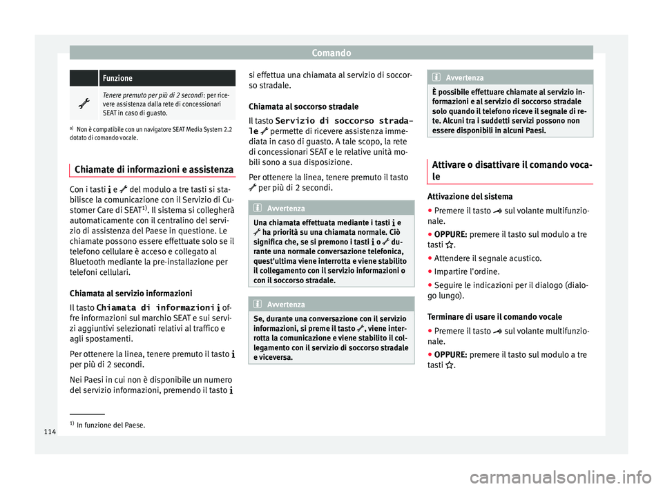 Seat Alhambra 2017 Manuale del proprietario (in Italian) Comando Funzione
Tenere premuto per più di 2 secondi
: per rice-
vere assistenza dalla rete di concessionari
SEAT in caso di guasto.
a) Non è compatibile con un navigatore SEAT Media System 2.2
Seat Alhambra 2017 Manuale del proprietario (in Italian) Comando Funzione
Tenere premuto per più di 2 secondi
: per rice-
vere assistenza dalla rete di concessionari
SEAT in caso di guasto.
a) Non è compatibile con un navigatore SEAT Media System 2.2