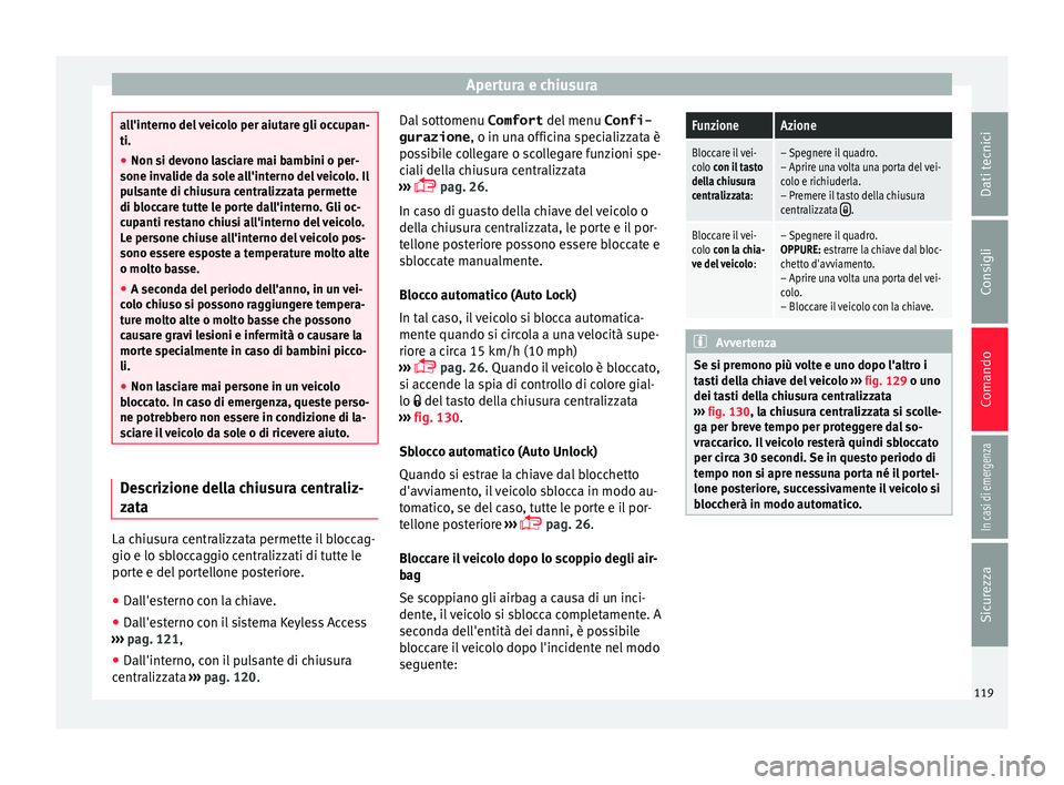 Seat Alhambra 2017 Manuale del proprietario (in Italian) Apertura e chiusura
all'interno del veicolo per aiutare gli occupan-
ti.
●
Non si devono lasciare mai bambini o per-
sone inv a
lide da sole all'interno del veicolo. Il
pulsante di chiusura Seat Alhambra 2017 Manuale del proprietario (in Italian) Apertura e chiusura
all'interno del veicolo per aiutare gli occupan-
ti.
●
Non si devono lasciare mai bambini o per-
sone inv a
lide da sole all'interno del veicolo. Il
pulsante di chiusura