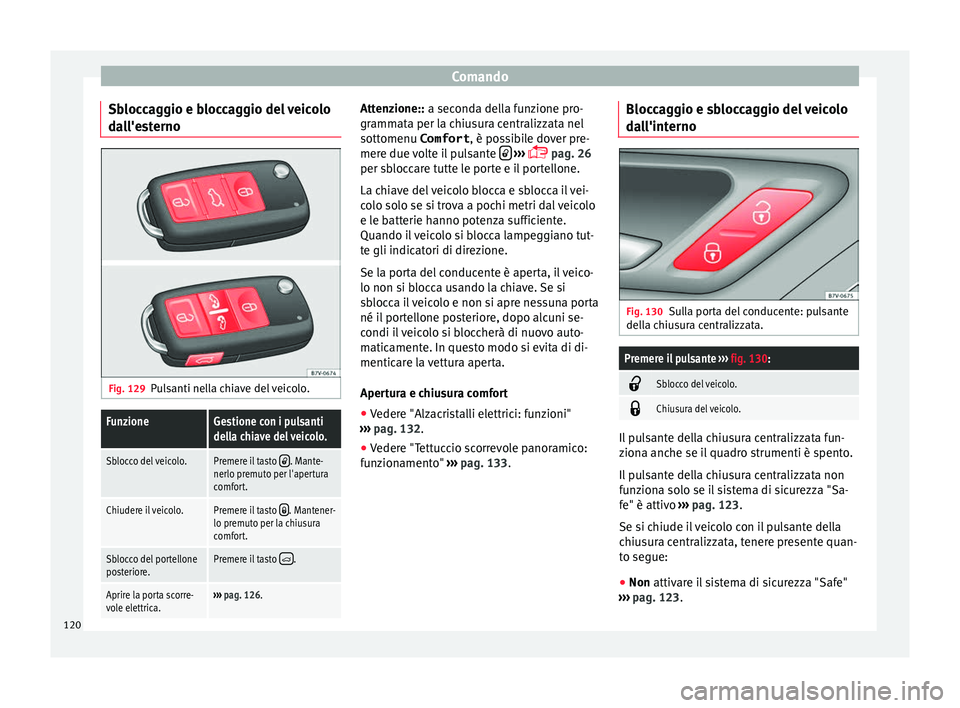 Seat Alhambra 2017 Manuale del proprietario (in Italian) Comando
Sbloccaggio e bloccaggio del veicolo
d a
l
l'esterno Fig. 129
Pulsanti nella chiave del veicolo.
FunzioneGestione con i pulsanti
della chiave del veicolo.
Sblocco del veicolo.Premere il ta Seat Alhambra 2017 Manuale del proprietario (in Italian) Comando
Sbloccaggio e bloccaggio del veicolo
d a
l
l'esterno Fig. 129
Pulsanti nella chiave del veicolo.
FunzioneGestione con i pulsanti
della chiave del veicolo.
Sblocco del veicolo.Premere il ta