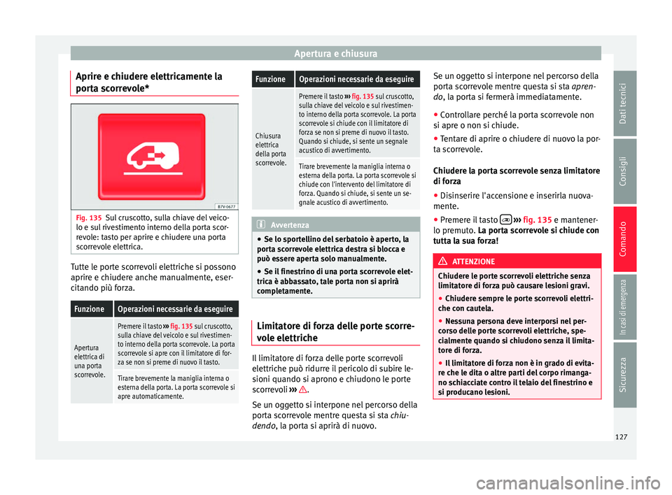 Seat Alhambra 2017 Manuale del proprietario (in Italian) Apertura e chiusura
Aprire e chiudere elettricamente la
por t
a s
correvole* Fig. 135
Sul cruscotto, sulla chiave del veico-
lo e s u
l
rivestimento interno della porta scor-
revole: tasto per aprir Seat Alhambra 2017 Manuale del proprietario (in Italian) Apertura e chiusura
Aprire e chiudere elettricamente la
por t
a s
correvole* Fig. 135
Sul cruscotto, sulla chiave del veico-
lo e s u
l
rivestimento interno della porta scor-
revole: tasto per aprir